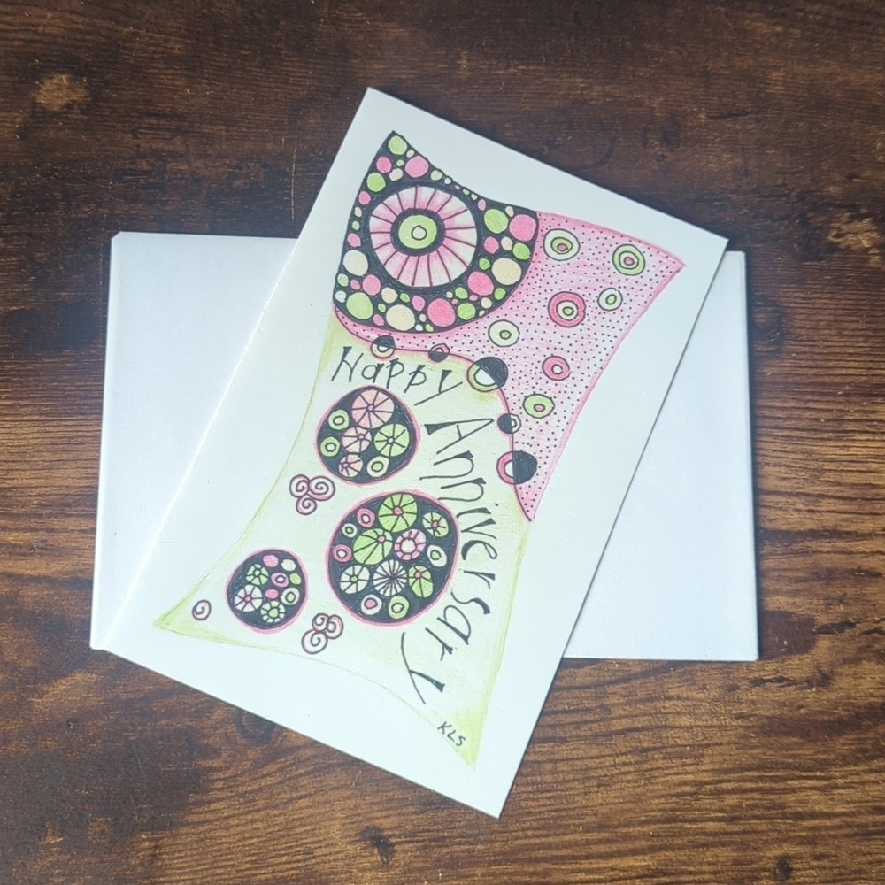 🌻 5/$20 Handmade Floral Happy Anniversary Card- Green, Pink & Black
